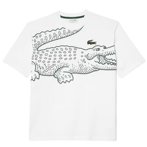 Lacoste Men’s Loose Fit Crocodile Print Crew Neck T-Shirt (White) - Lacoste