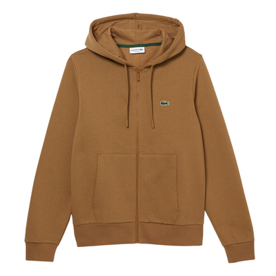 Lacoste Kangaroo Pocket Zip-Up Fleece Hoodie (Brown) - Lacoste