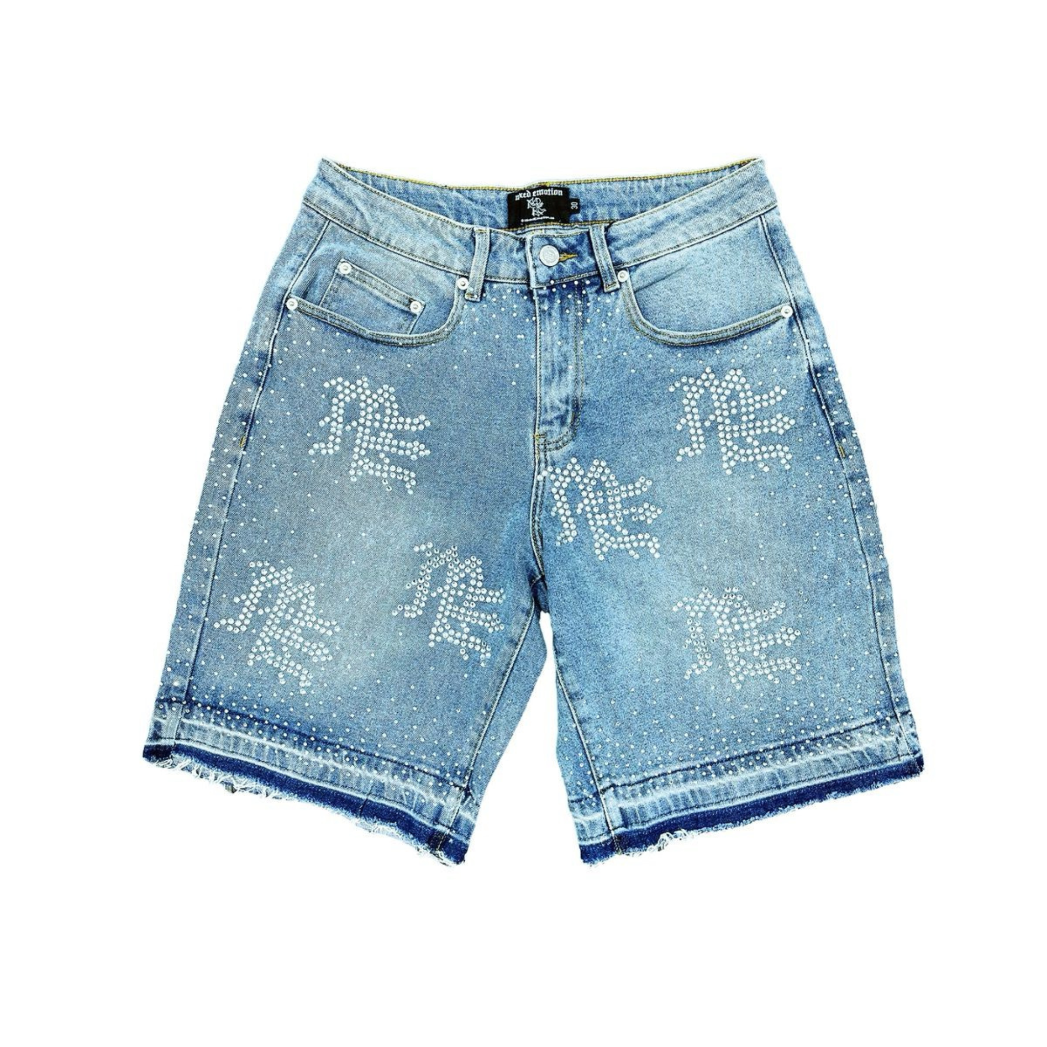 Mixed Emotion 'ME' Rhinestone Blue Denim Shorts - Mixed Emotion