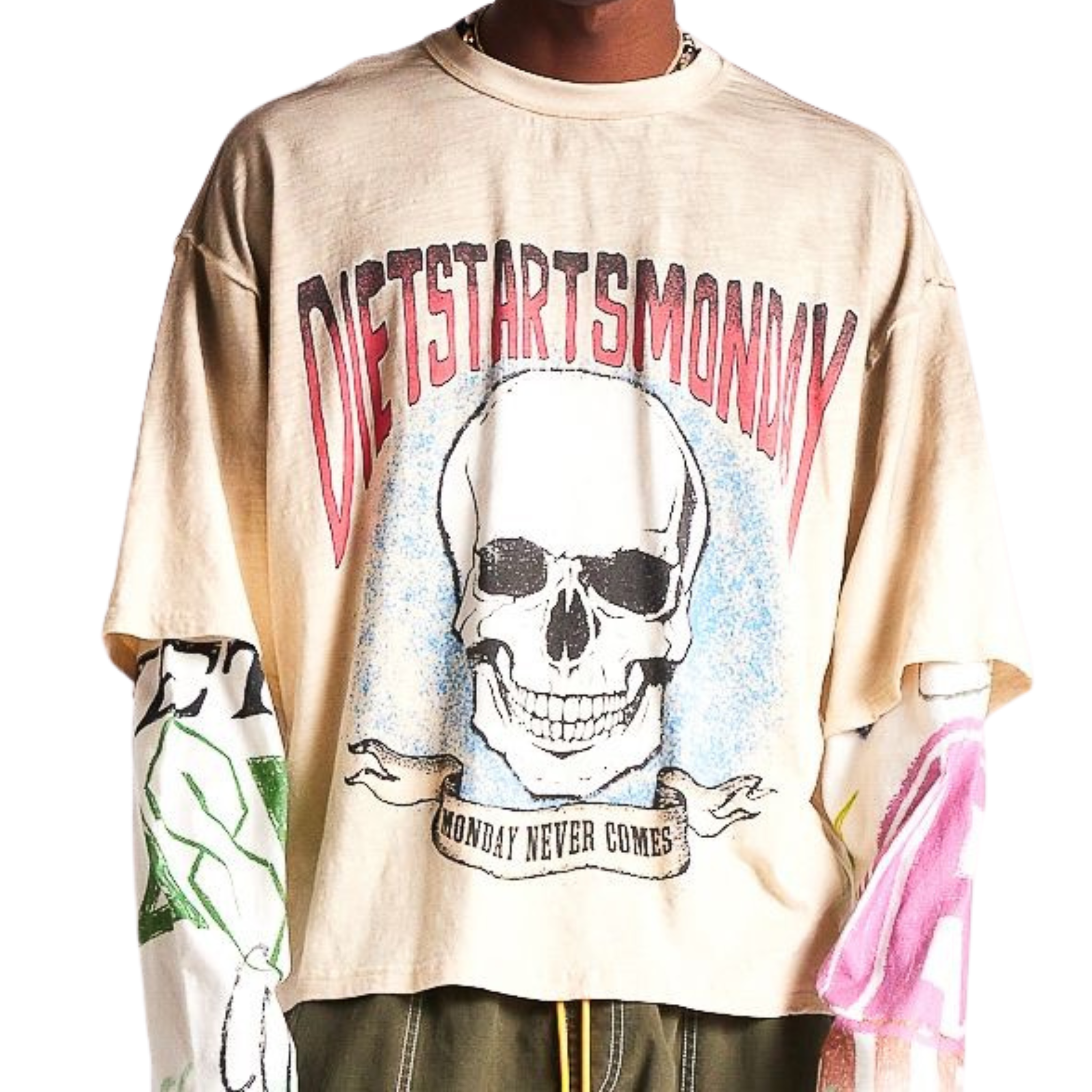 DSM "Double Layer Skull" Tee - (Antique White/Multi) - Diet Starts Monday